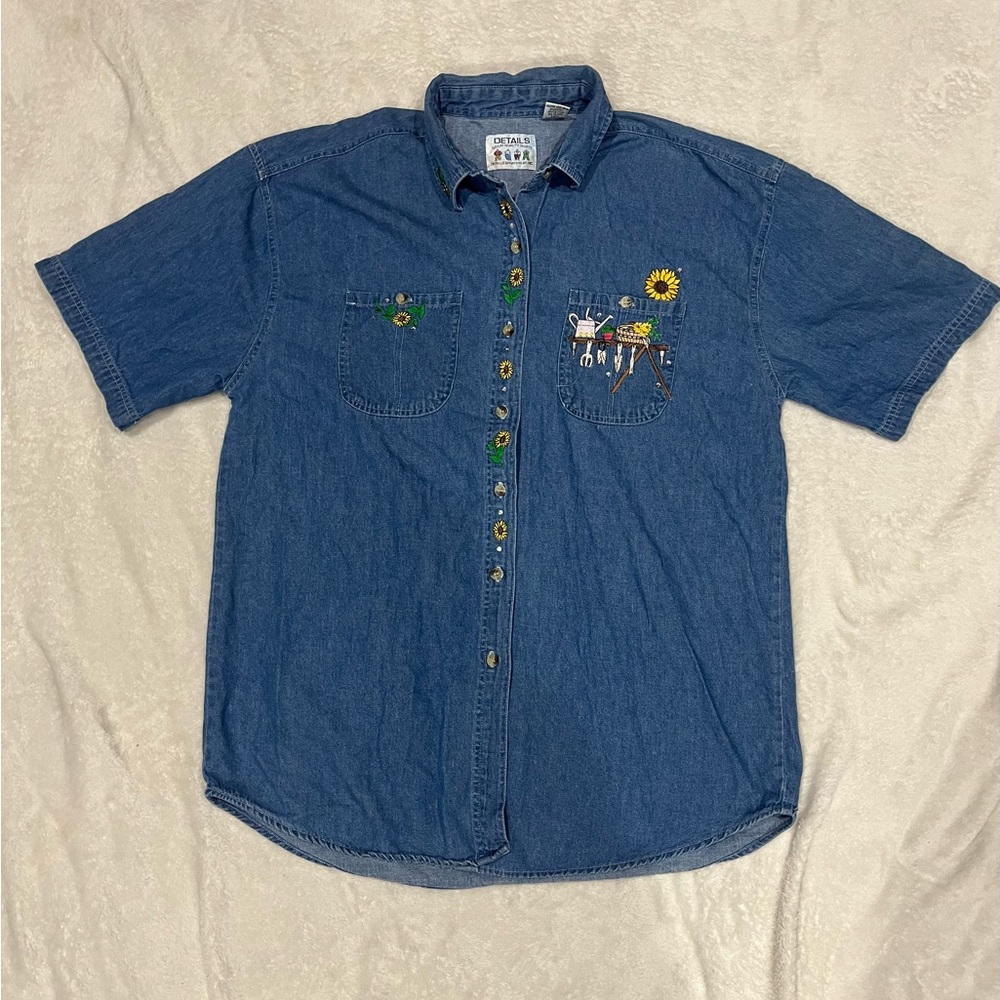 Sunflower Garden Embroidered Denim Shirt